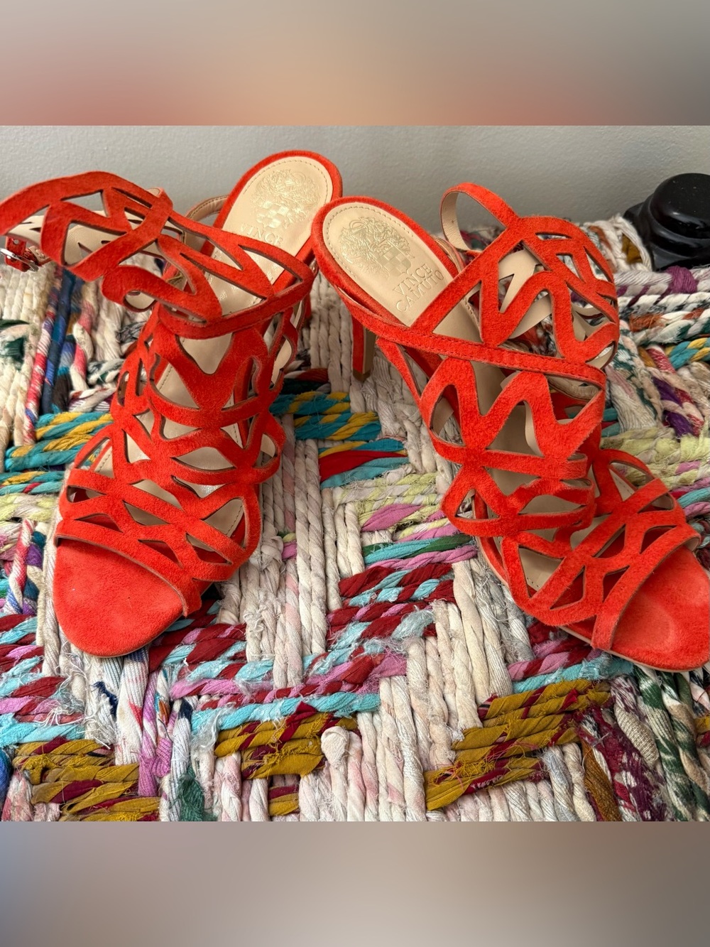 Vince Camuto Red-Orange Suede Cutout Heeled Mules